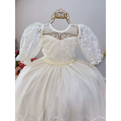 Vestido Infantil Off White Busto C/ Renda Daminhas Festas Luxo
