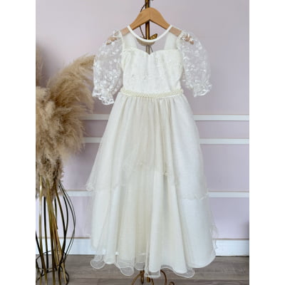 Vestido Infantil Off White Busto C/ Renda Daminhas Festas Luxo
