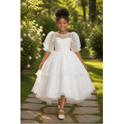 Vestido Infantil Off White Busto C/ Renda Daminhas Festas Luxo
