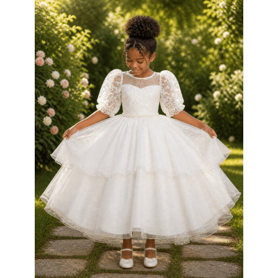 Vestido Infantil Off White Busto C/ Renda Daminhas Festas Luxo