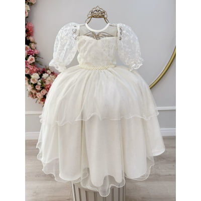 Vestido Infantil Off White Busto C/ Renda Daminhas Festas Luxo