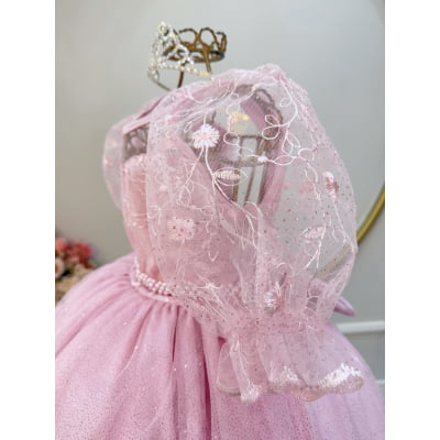 Vestido Infantil Rosa Busto C/ Renda Daminhas Festas Luxo
