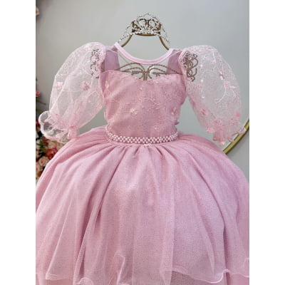 Vestido Infantil Rosa Busto C/ Renda Daminhas Festas Luxo