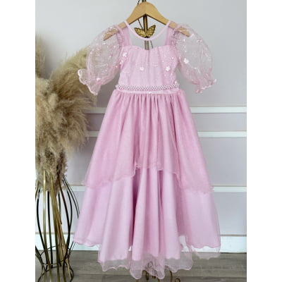 Vestido Infantil Rosa Busto C/ Renda Daminhas Festas Luxo
