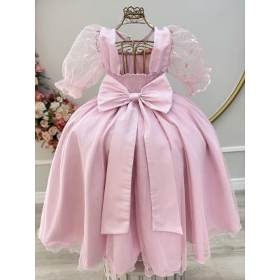 Vestido Infantil Rosa Busto C/ Renda Daminhas Festas Luxo