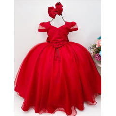Vestido Infantil Vermelho Peito Nervura Broche Flor Luxo