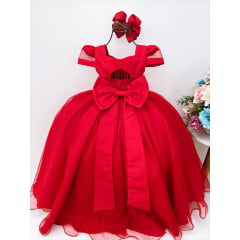Vestido Infantil Vermelho Peito Nervura Broche Flor Luxo