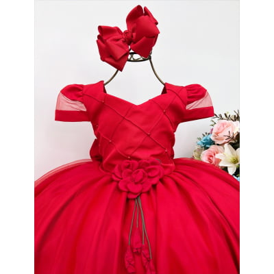 Vestido Infantil Vermelho Peito Nervura Broche Flor Luxo