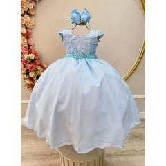 Vestido Infantil Azul Bebê Saia Com Tule e Busto Bordado