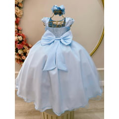 Vestido Infantil Azul Bebê Saia Com Tule e Busto Bordado