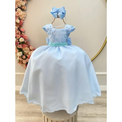 Vestido Infantil Azul Bebê Saia Com Tule e Busto Bordado