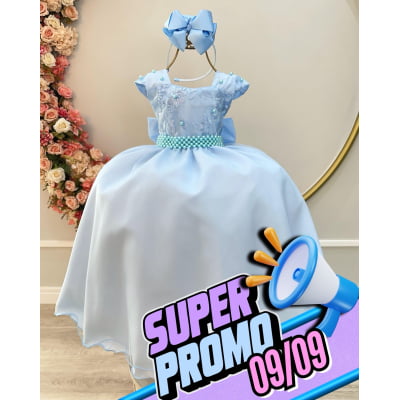 Vestido Infantil Azul Bebê Saia Com Tule e Busto Bordado