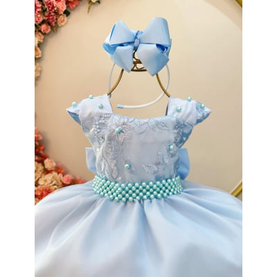 Vestido Infantil Azul Bebê Saia Com Tule e Busto Bordado