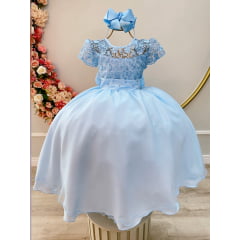 Vestido Infantil Azul Claro Busto C/ Renda Damas Longo Luxo