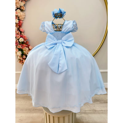Vestido Infantil Azul Claro Busto C/ Renda Damas Longo Luxo