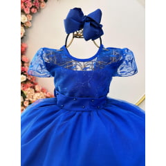 Vestido Infantil Azul Royal Busto C/ Renda Damas Longo Luxo