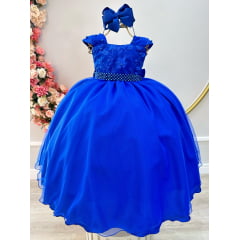Vestido Infantil Azul Royal Saia C/ Tule e Busto Bordado
