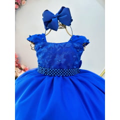 Vestido Infantil Azul Royal Saia C/ Tule e Busto Bordado