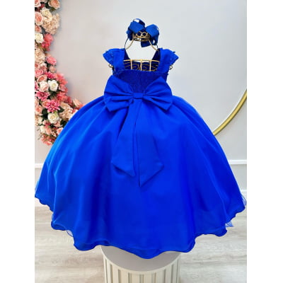 Vestido Infantil Azul Royal Saia C/ Tule e Busto Bordado