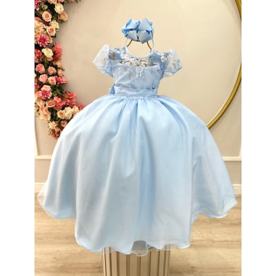 Vestido Infantil Longo Azul Claro Busto C/ Renda Luxo Damas