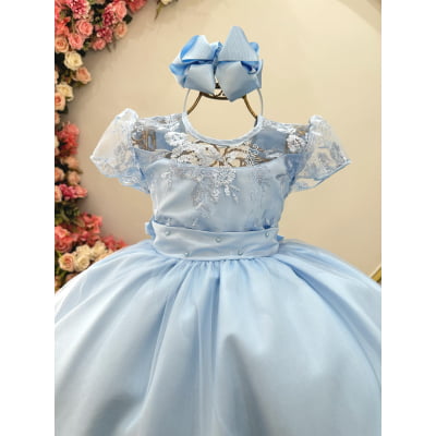 Vestido Infantil Longo Azul Claro Busto C/ Renda Luxo Damas