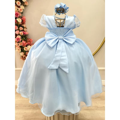 Vestido Infantil Longo Azul Claro Busto C/ Renda Luxo Damas