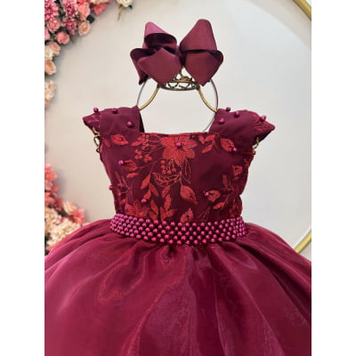 Vestido Infantil Marsala Saia Organza e Busto C/ Bordado