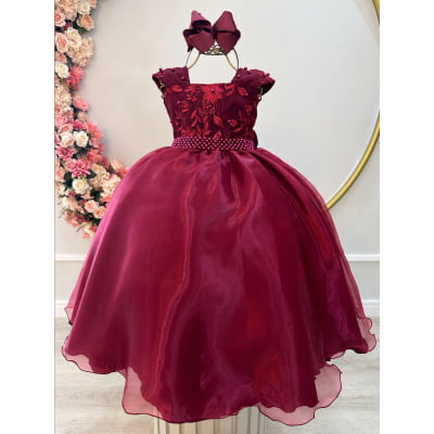 Vestido Infantil Marsala Saia Organza e Busto C/ Bordado