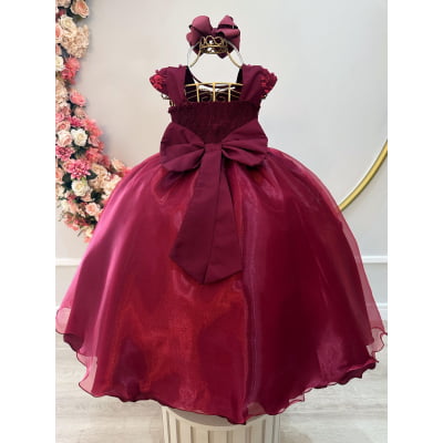 Vestido Infantil Marsala Saia Organza e Busto C/ Bordado