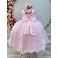 Vestido Infantil Rosa Bebê Saia C/ Tule e Busto Bordado