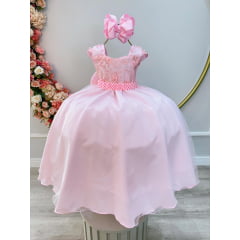 Vestido Infantil Rosa Bebê Saia C/ Tule e Busto Bordado