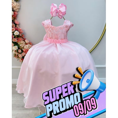 Vestido Infantil Rosa Bebê Saia C/ Tule e Busto Bordado