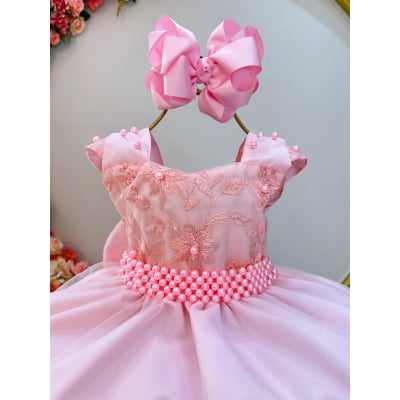 Vestido Infantil Rosa Bebê Saia C/ Tule e Busto Bordado