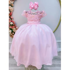 Vestido Infantil Rosa Claro Busto C/ Renda Luxo Damas Longo