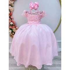 Vestido Infantil Rosa Claro Busto C/ Renda Luxo Damas Longo