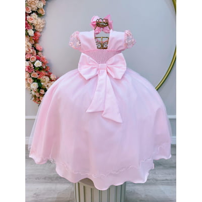 Vestido Infantil Rosa Claro Busto C/ Renda Luxo Damas Longo