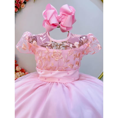 Vestido Infantil Rosa Claro Busto C/ Renda Luxo Damas Longo