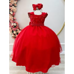 Vestido Infantil Vermelho Saia C/ Tule e Busto Bordado
