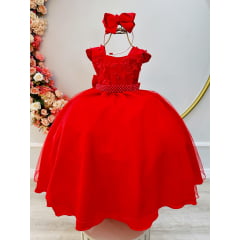 Vestido Infantil Vermelho Saia C/ Tule e Busto Bordado