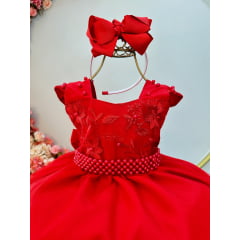 Vestido Infantil Vermelho Saia C/ Tule e Busto Bordado