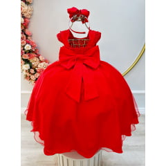 Vestido Infantil Vermelho Saia C/ Tule e Busto Bordado