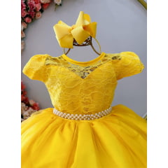 Vestido Infantil Amarelo Damas Honra Casamento Pérolas Renda