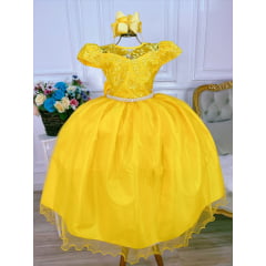 Vestido Infantil Amarelo Damas Honra Casamento Renda Pérolas