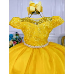 Vestido Infantil Amarelo Damas Honra Casamento Renda Pérolas