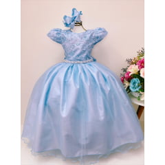 Vestido Infantil Azul Renda Damas Honra Casamentos Pérola