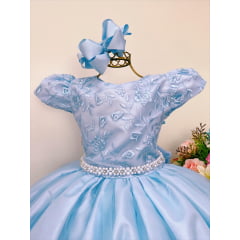 Vestido Infantil Azul Renda Damas Honra Casamentos Pérola