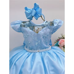 Vestido Infantil Dama Honra Azul Bebê Casamento Renda Pérola