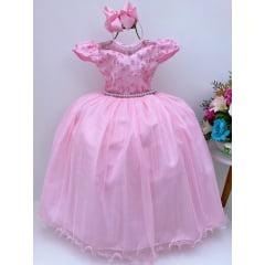 Vestido Infantil Dama Rosa Renda Tule no Busto Cinto Pérolas Luxo
