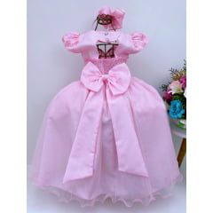 Vestido Infantil Dama Rosa Renda Tule Cinto Strass Luxo