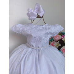 Vestido Infantil Damas Honra Branco Casamentos Pérolas Renda